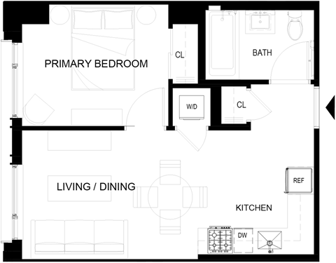 Floor plan for 1 bed, 1 bath, 447 sqft